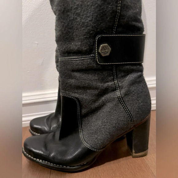 Timberland leather tall winter riding boots heels warm knee high black gray US7 - Picture 1 of 9